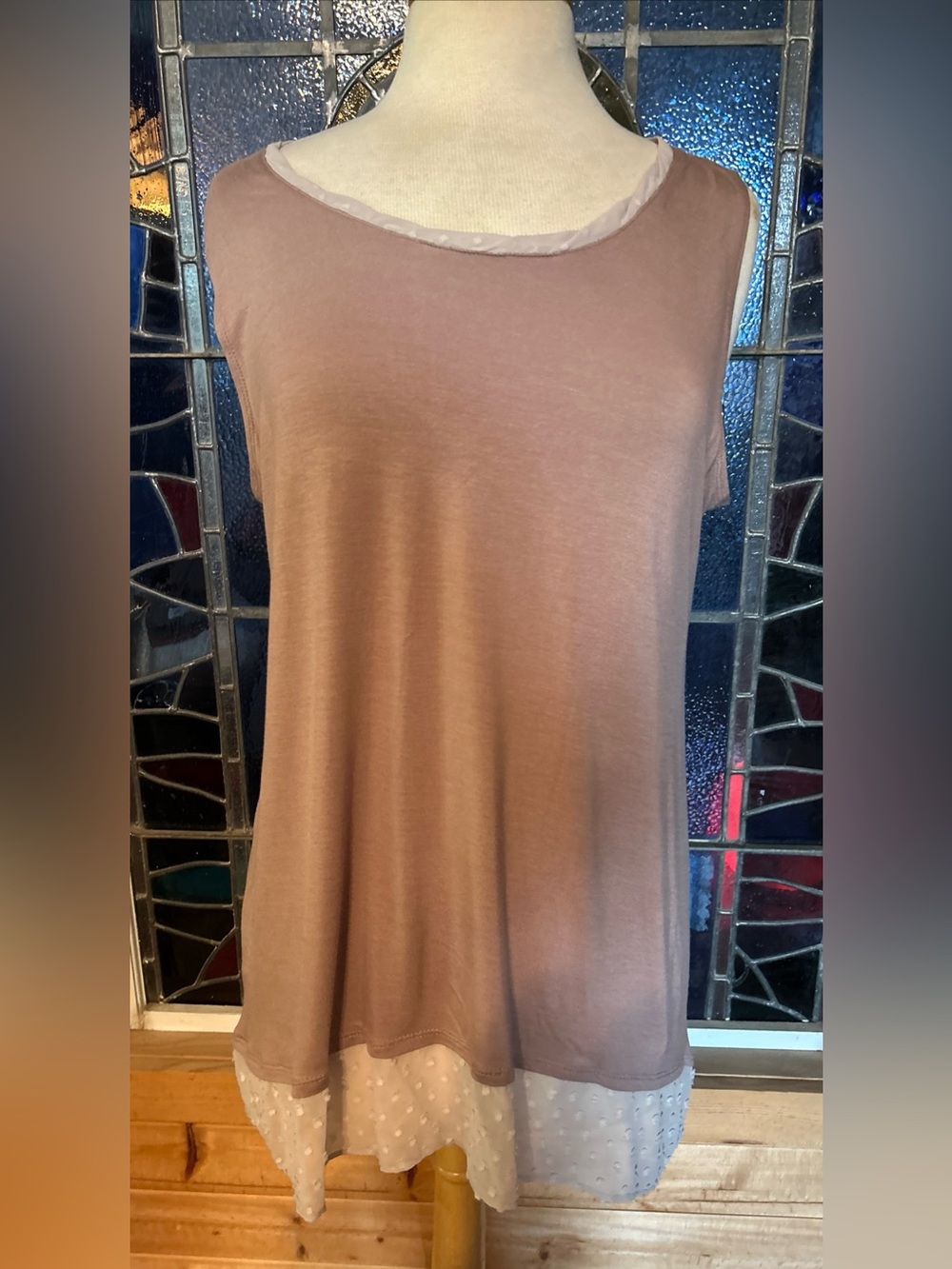 LOGO by Lori Goldstein Layering Tunic Top Taupe Contrasting Hemline Size Large